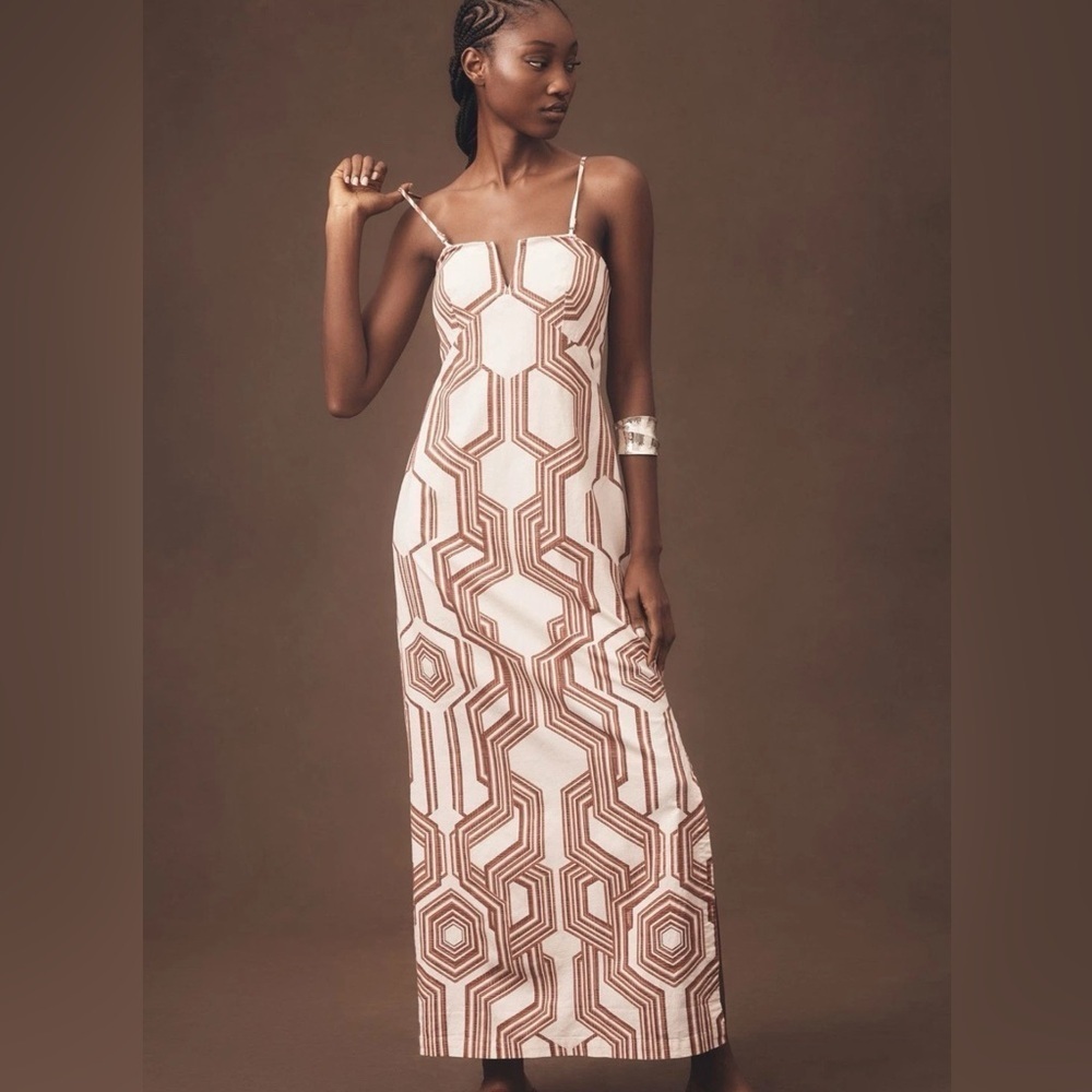 By Anthropologie Strapless Linen Plunge-neck MIDI Dress Size 14 NWT BROWN motif